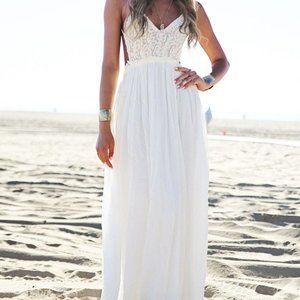 white long, open back maxi dress
